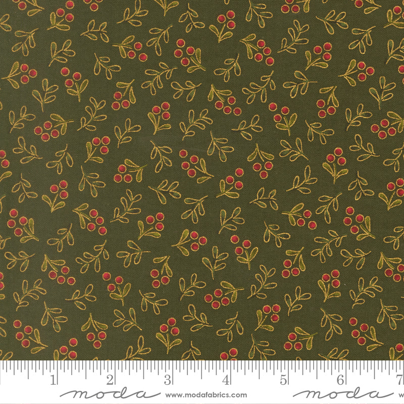 Fabric pattern with red berries and green leaves on a green background, featuring ruler