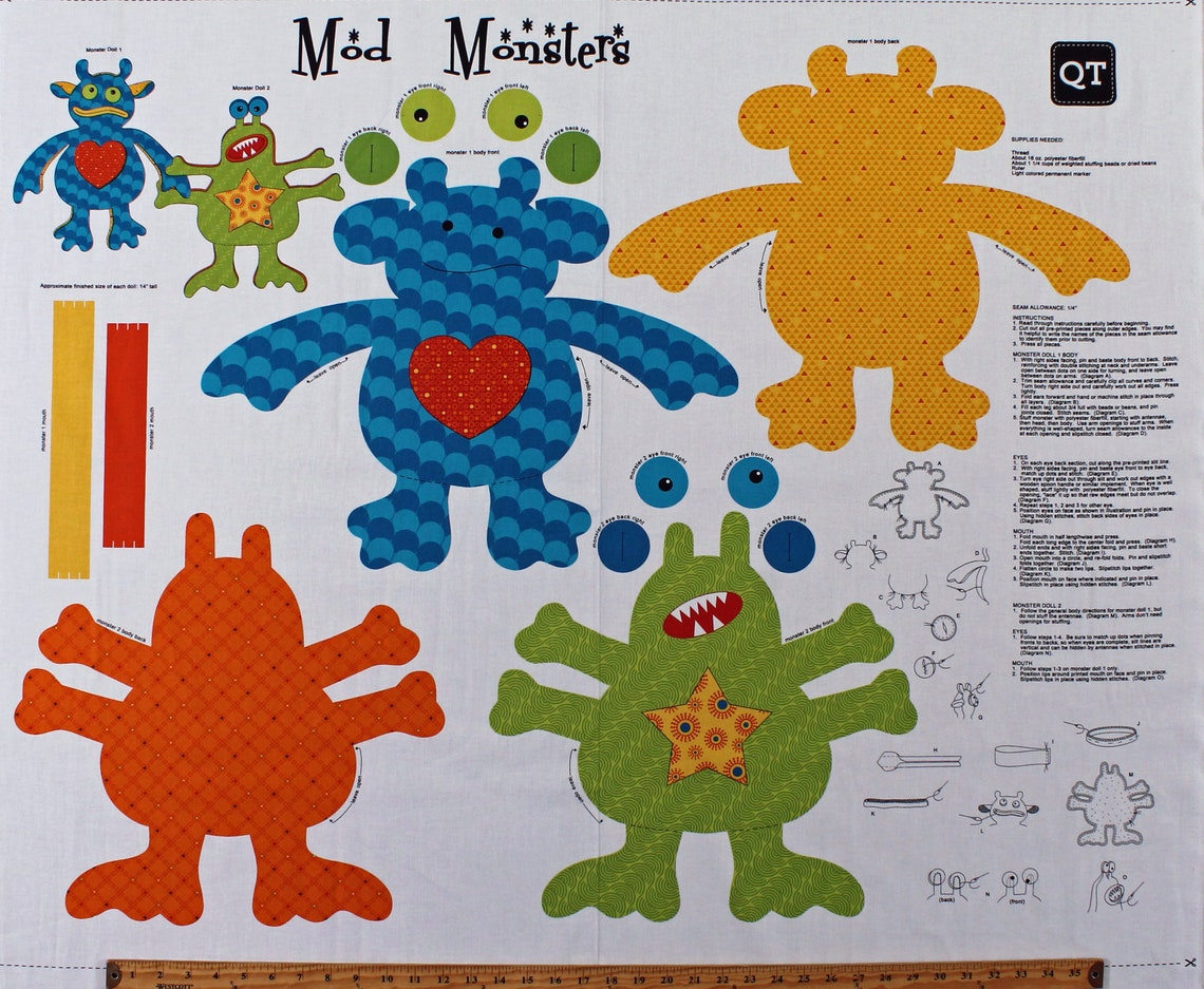 D02 MOD MONSTERS stuffed animals and applique panel 35" x 44"