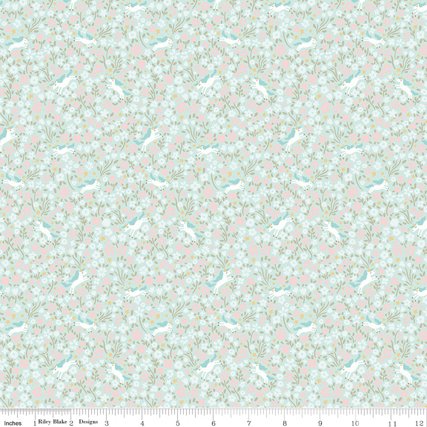 Little Posies Unicorn Aqua 100% Cotton