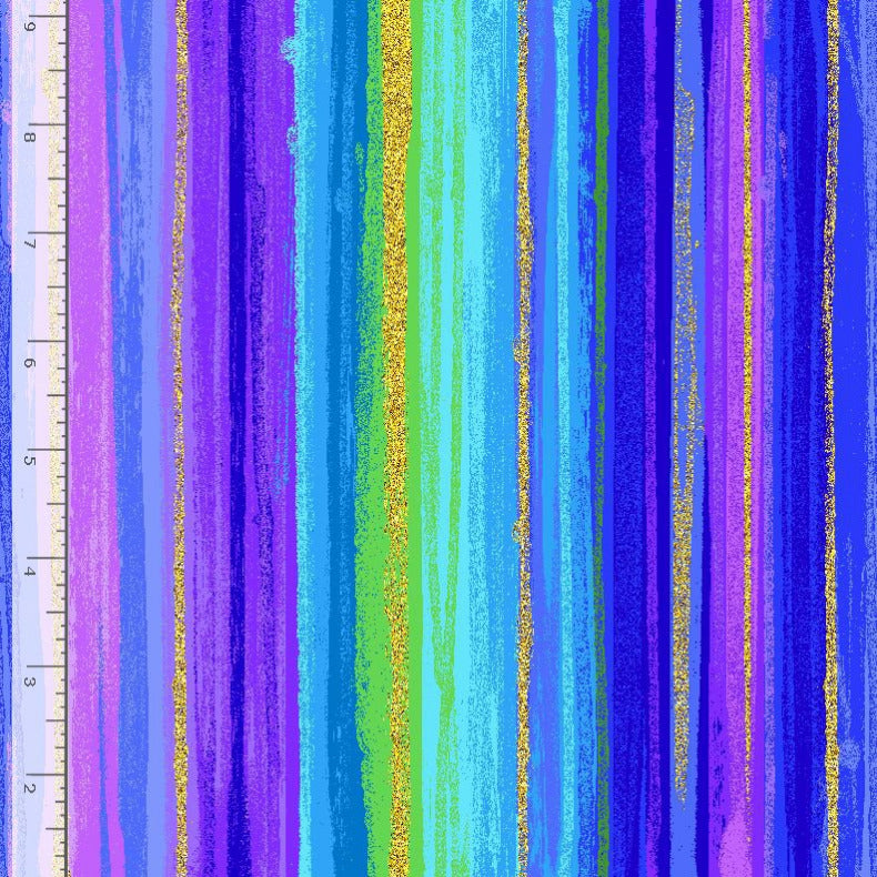 Colorful striped fabric with metallic gold and a ruler on the left side
