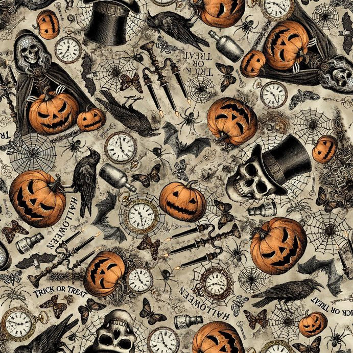 Halloween-themed pattern with pumpkins, ghosts, and other elements on a beige background.