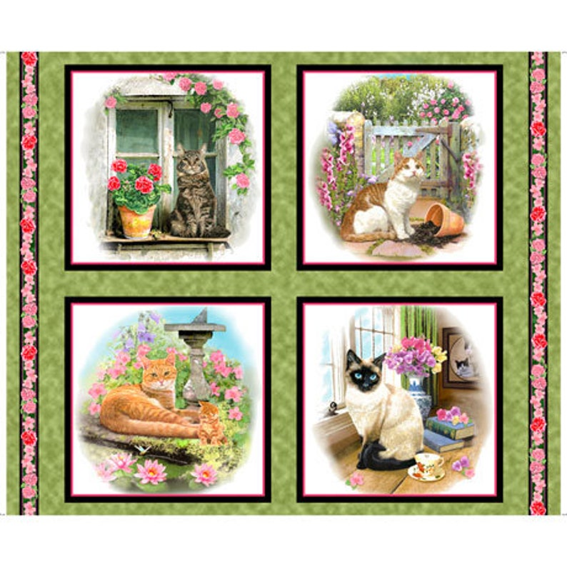 C10 Fancy Felines in the Garden Panel 100% cotton 1 yd