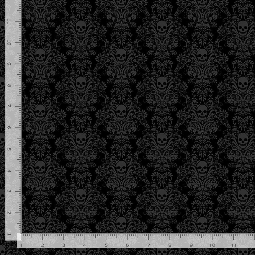 Timeless Treasures Black on Black- Damask Skulls