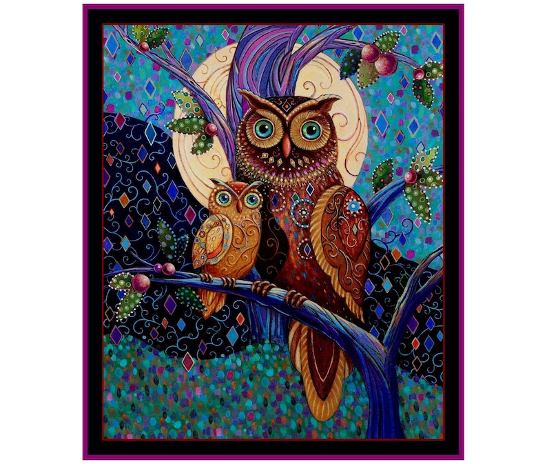 A04 Opulent Owls Large Digital Panel  43/44" wide 100% Cotton