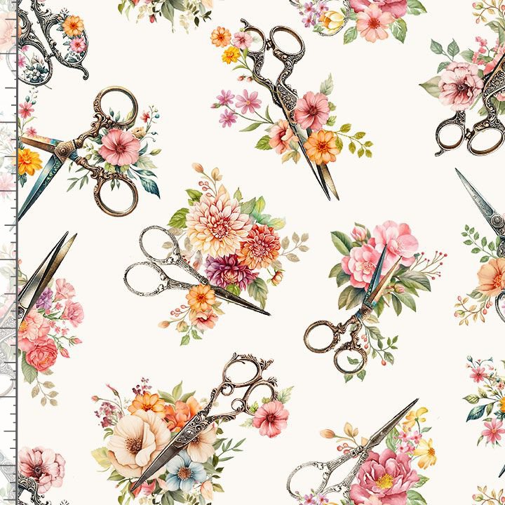 Timeless Treasures Floral Scissors, 100% Cotton 44/45"