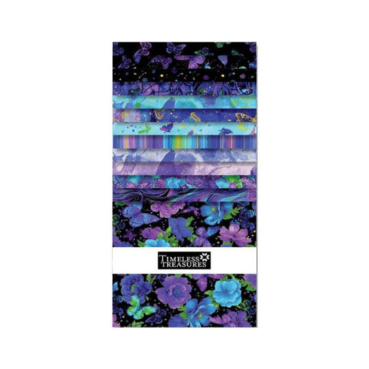 A vertical sheet of Timeless Treasures fabric featuring a vibrant purple, blue, and black floral and butterfly patterns.