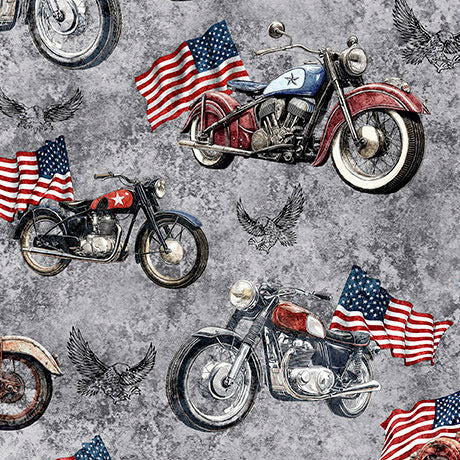 Pattern of vintage motorcycles and American flags on a textured background
