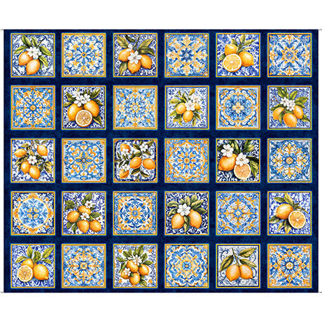 Patterned fabric with lemons and floral designs on a blue background