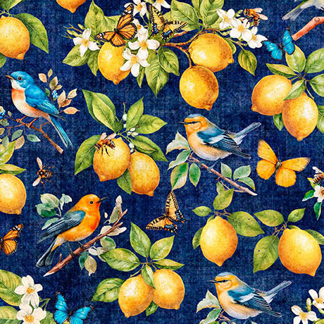 A repeating watercolor-style pattern on a dark navy background featuring yellow lemons, green leaves, blue birds, orange butterflies, and small white flowers.