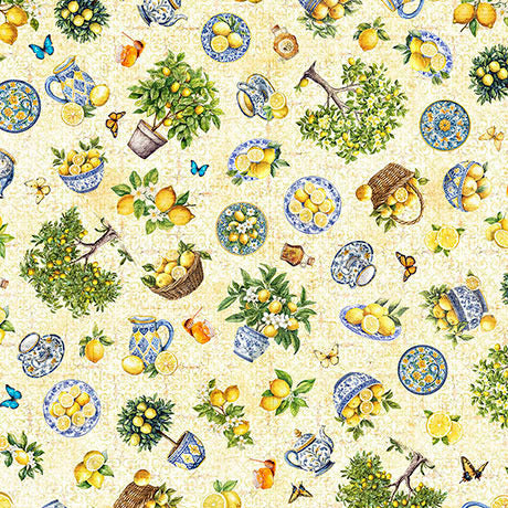 A repeating vintage-style pattern featuring lemons, lemon trees, blue-and-white teacups and plates, butterflies, and small botanical motifs on a warm cream background.