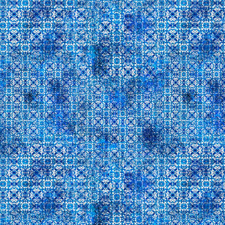 A close-up of a blue and white patterned fabric or wallpaper featuring a repeating geometric and floral motif with a distressed, textured finish.