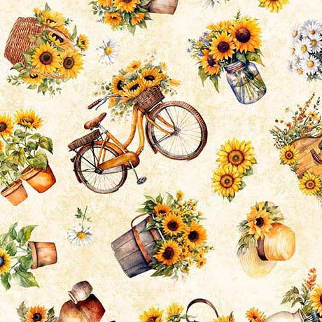 Pattern of sunflowers, bicycles, and buckets on a beige background