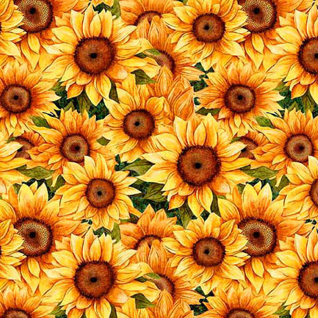 Pattern of sunflowers with green leaves on a yellow background