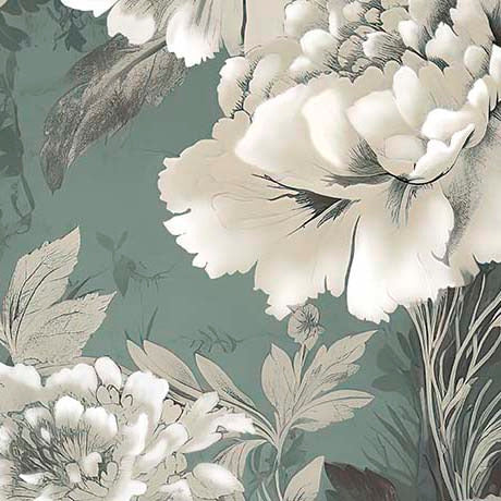 Floral wallpaper pattern featuring large white flowers and muted sage green leaves on a dusty teal background.