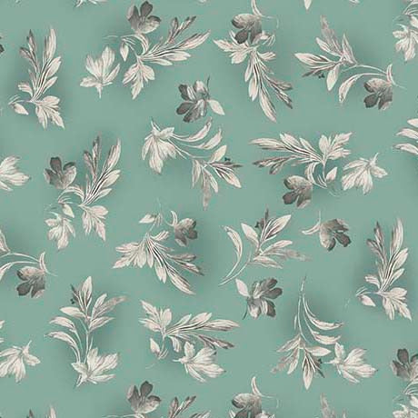 Mint green wallpaper featuring a repeating pattern of delicate gray and white botanical leaves and floral motifs.