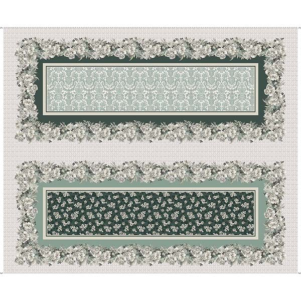 Two rectangular decorative panels with floral borders, shown on a light textured background. The top panel has a pale sage green damask pattern, and the bottom panel has a dark green background with small white floral motifs.