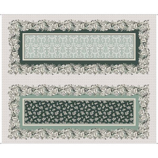 Two rectangular decorative panels with floral borders, shown on a light textured background. The top panel has a pale sage green damask pattern, and the bottom panel has a dark green background with small white floral motifs.