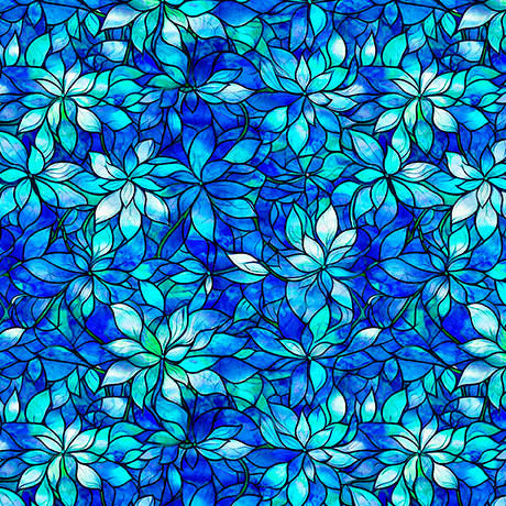 A seamless stained-glass style floral pattern featuring blue, cyan, and light aqua flower motifs outlined in dark lines.