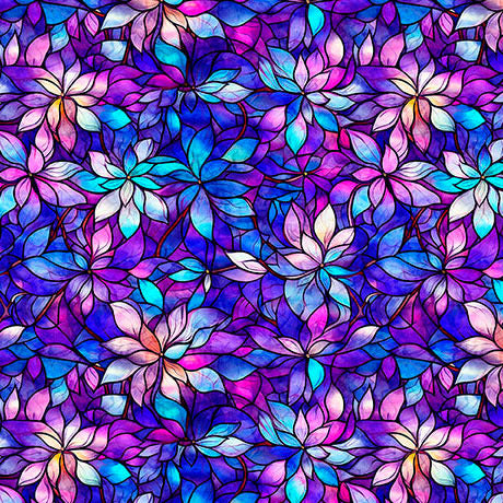 A seamless stained-glass style floral pattern featuring vibrant purple, blue, pink, and white lotus flowers separated by dark outlines.