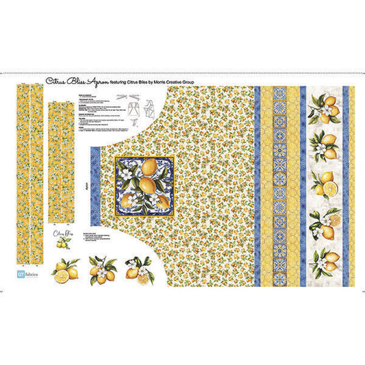 A fabric panel apron pattern featuring yellow and blue citrus-themed patterns including lemons, grapefruit, and botanical borders.
