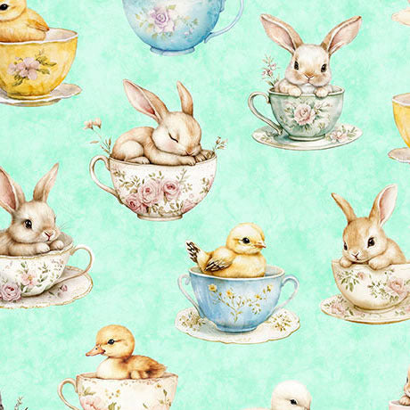 Pattern of rabbits and chicks in teacups on a light teal background