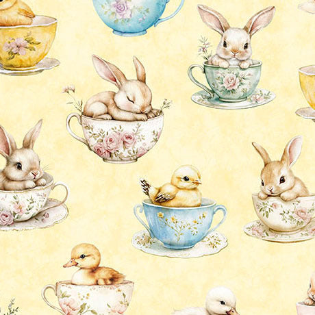 QT Cuties 3- Bunnies & Chicks Yellow 100% Cotton