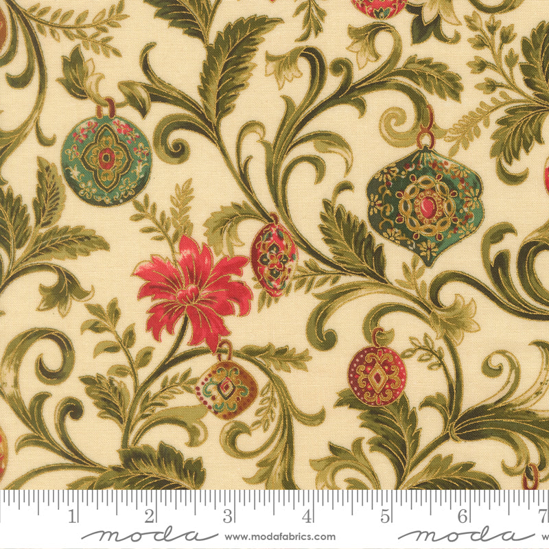 Decorative fabric pattern with flowers and leaves on a beige background, featuring ruler