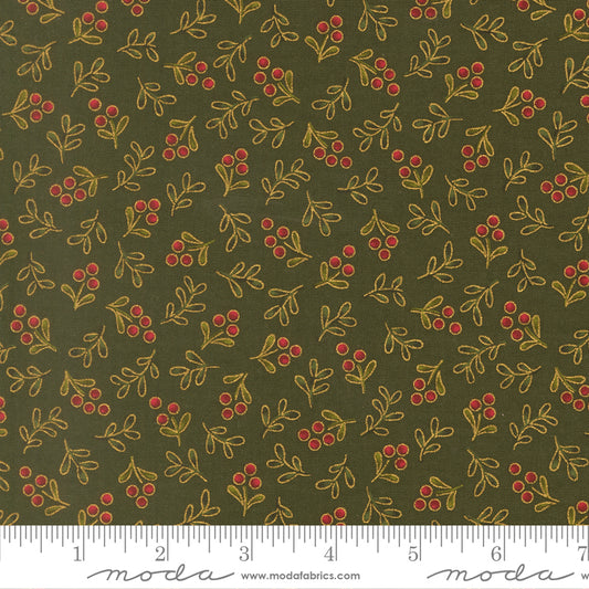 Fabric pattern with red berries and green leaves on a green background, featuring ruler