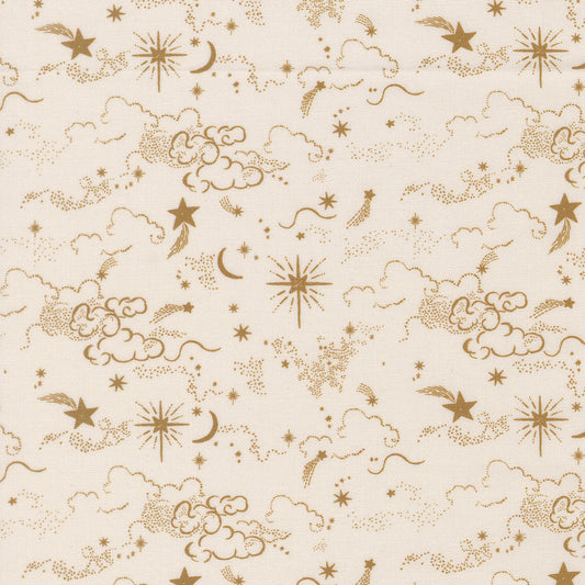 Pattern of celestial elements like stars, moons, and clouds on a beige background
