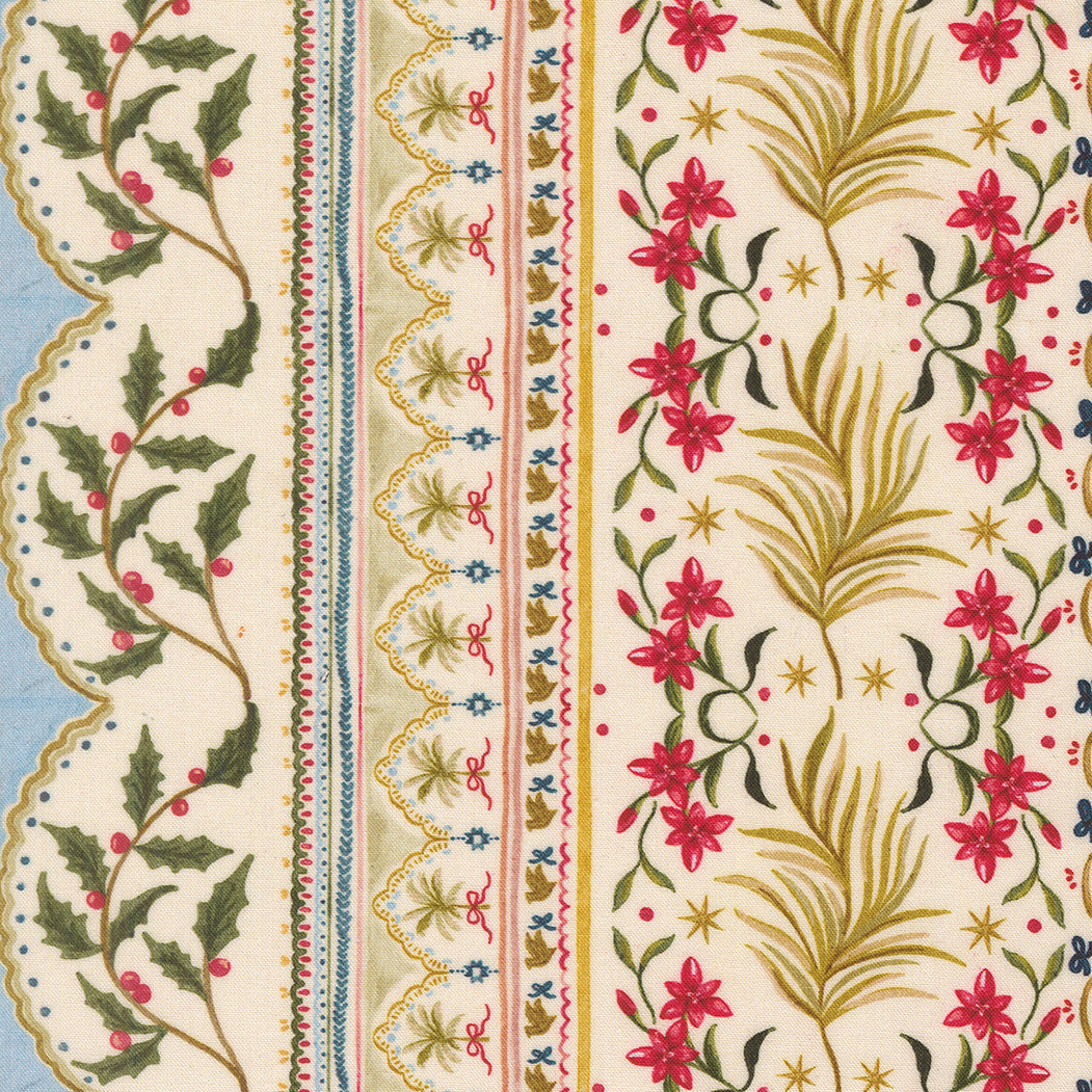 Decorative fabric with floral and leaf patterns on a beige background