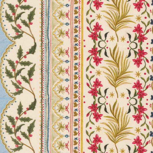 Decorative fabric with floral and leaf patterns on a beige background