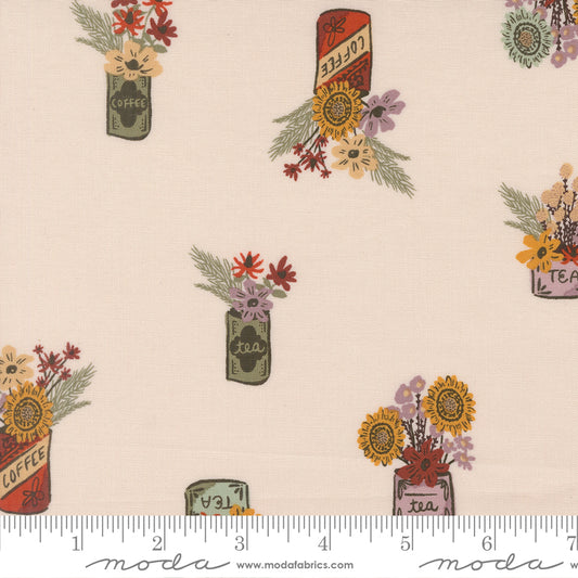 Fabric pattern with mason jars and flowers on a beige background, featuring ruler.