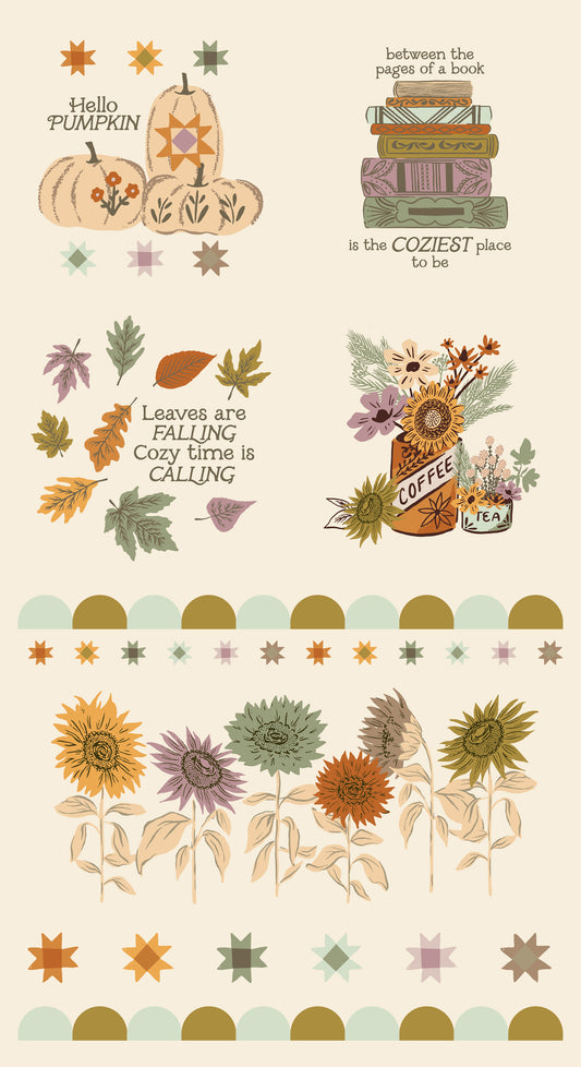 Autumn-themed design with pumpkins, leaves, and floral elements on an eggshell background.