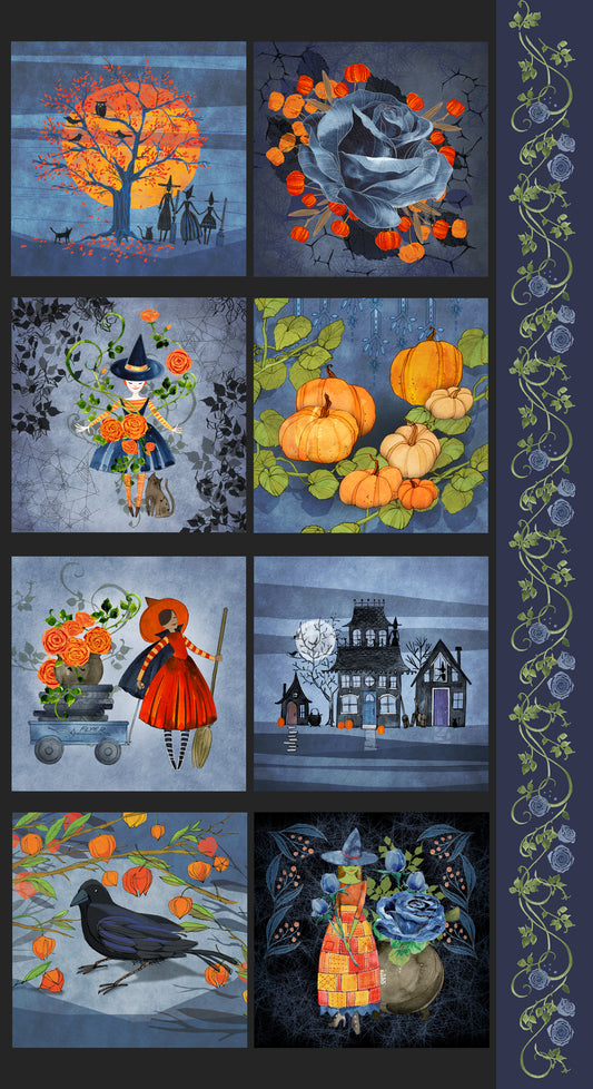 Grid of Halloween-themed illustrations with pumpkins, ghosts, and a witch on a broomstick.