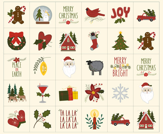 A grid of festive Christmas icons and phrases on a cream background, including gingerbread men, Santa, Christmas trees, wreaths, stockings, gifts, snowflakes, and holiday greetings.