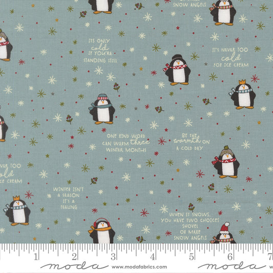 A fabric pattern swatch featuring penguins and winter quotes on a dusty blue-gray background, with a measuring ruler at the bottom showing scale.