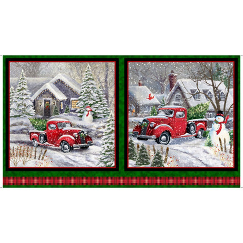 F10 Winter Greetings Big Red Truck Panel 44"x 2/3 yd 100% cotton