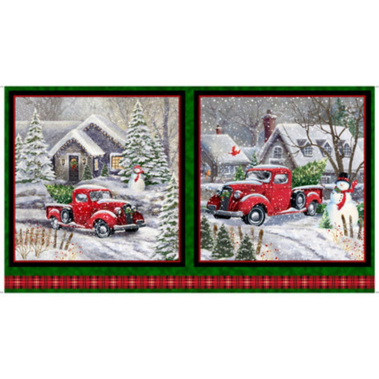 F10 Winter Greetings Big Red Truck Panel 44"x 2/3 yd 100% cotton