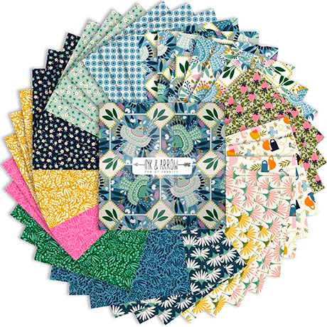 A circular fan arrangement of multiple patterned fabric or paper sheets in assorted colors and prints, with a central label reading 'INK & ARROW'. The designs include florals, dots, leaves, birds, and tropical motifs on blue, green, pink, yellow, white, and navy backgrounds.