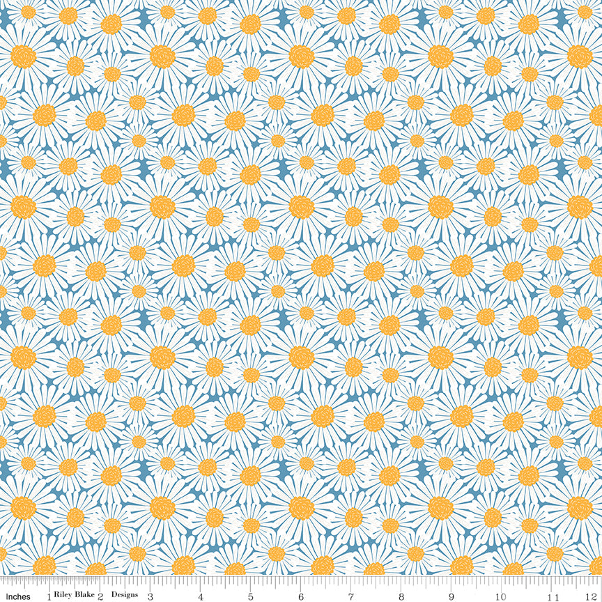 Pattern of white daisies with yellow centers on a blue background