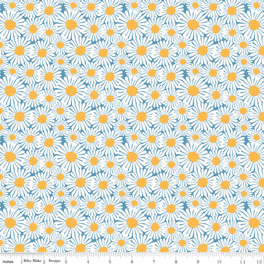 Pattern of white daisies with yellow centers on a blue background