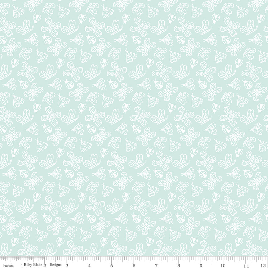 Little Posies Butterflies Aqua 100% Cotton