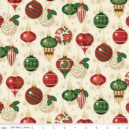 Pattern of Christmas ornaments on a beige background with a ruler at the bottom.