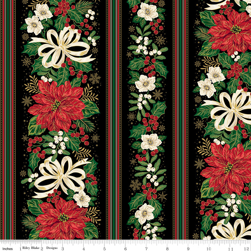 A close-up of a Christmas-themed fabric pattern featuring red poinsettias, white flowers, green leaves, and striped borders on a black background, with a ruler at the bottom showing measurements.