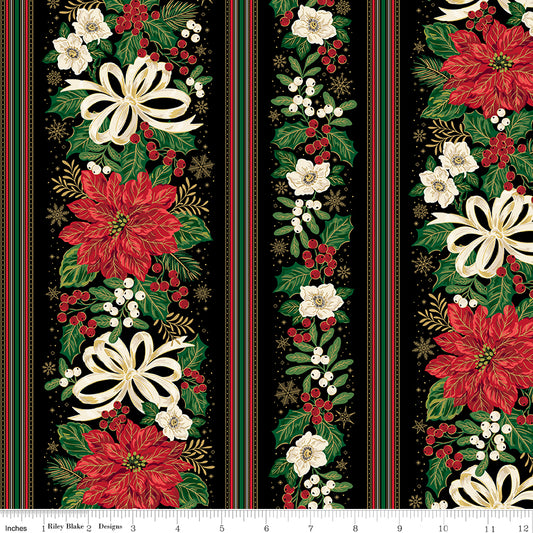 A close-up of a Christmas-themed fabric pattern featuring red poinsettias, white flowers, green leaves, and striped borders on a black background, with a ruler at the bottom showing measurements.