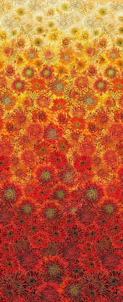A dense floral pattern featuring sunflowers and daisies in a vertical gradient from pale yellow and orange at the top to deep red at the bottom, with dark centers throughout.