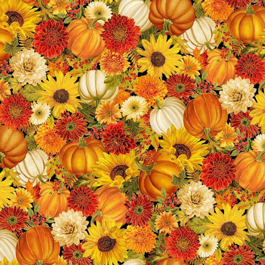 Pattern of pumpkins and flowers in autumn colors on a multicolor background