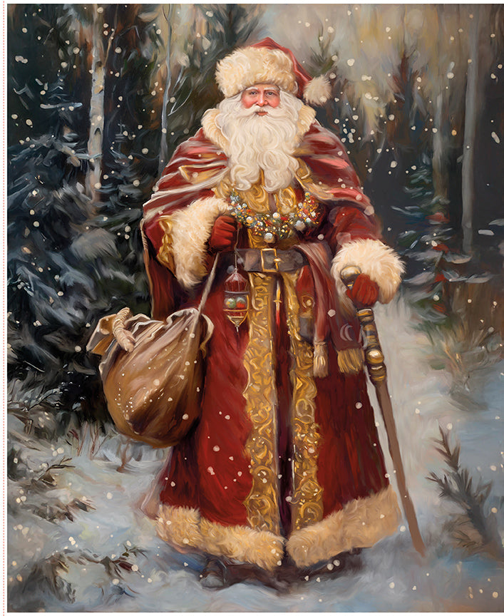 Decorative image of a detailed Santa Claus figure in a snowy forest setting.