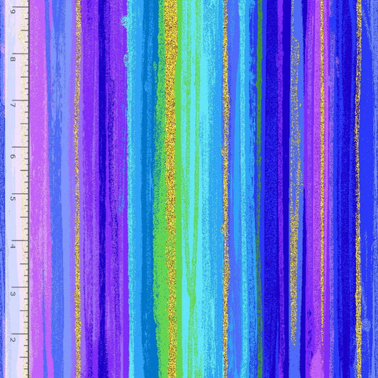 Colorful striped fabric with metallic gold and a ruler on the left side