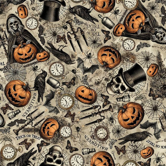 Halloween-themed pattern with pumpkins, ghosts, and other elements on a beige background.